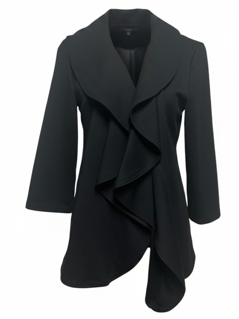 Carmen Marc Valvo Black Shawl Ruffle Jacket Size 10 Draped Open Front